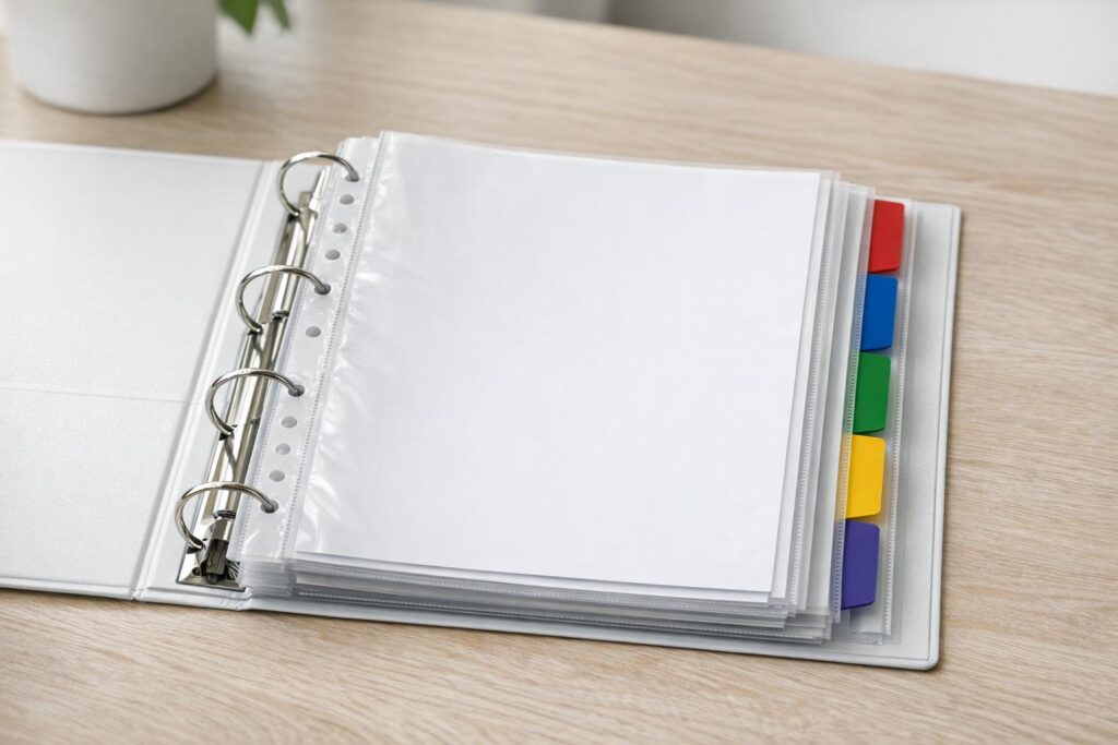 Organisation des papiers administratifs dans un classeur avec 5 pochettes, système simple