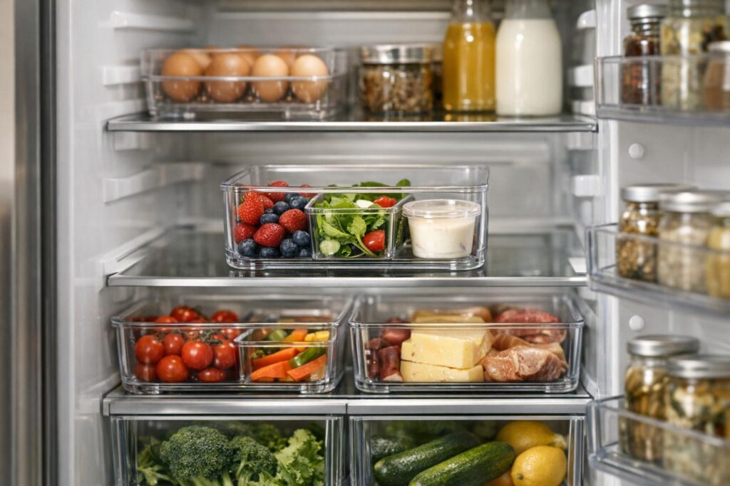 Frigo organisé avec une zone à finir visible pour limiter le gaspillage alimentaire.
