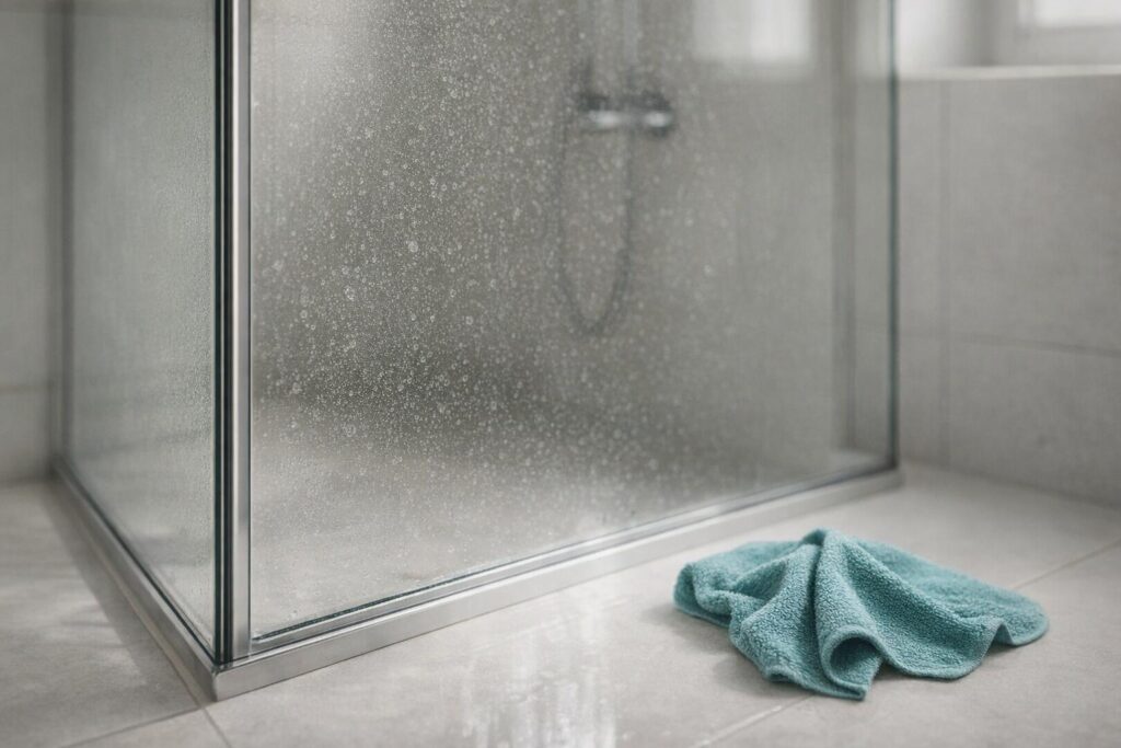 Paroi de douche en verre avec légères traces de calcaire en cours de nettoyage