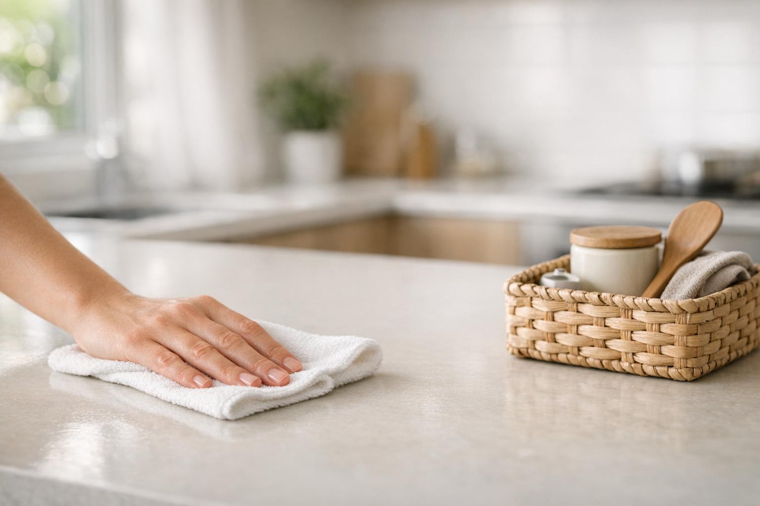 Petits gestes ménage quotidien dans une cuisine propre et lumineuse