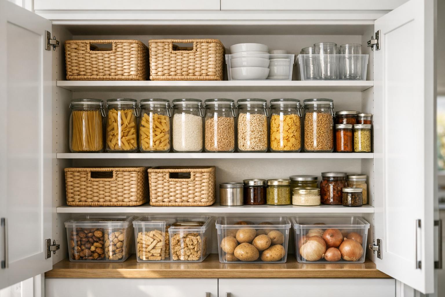 Placards cuisine organisés pour tout retrouver vite, paniers et bocaux transparents
