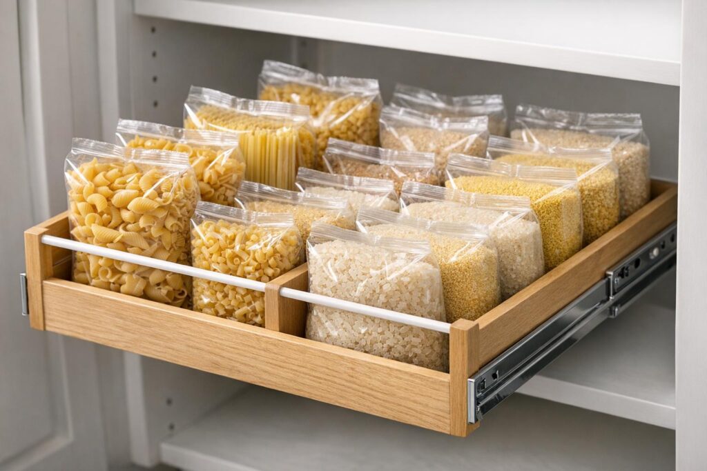 Panier coulissant avec pâtes et riz regroupés dans un placard de cuisine