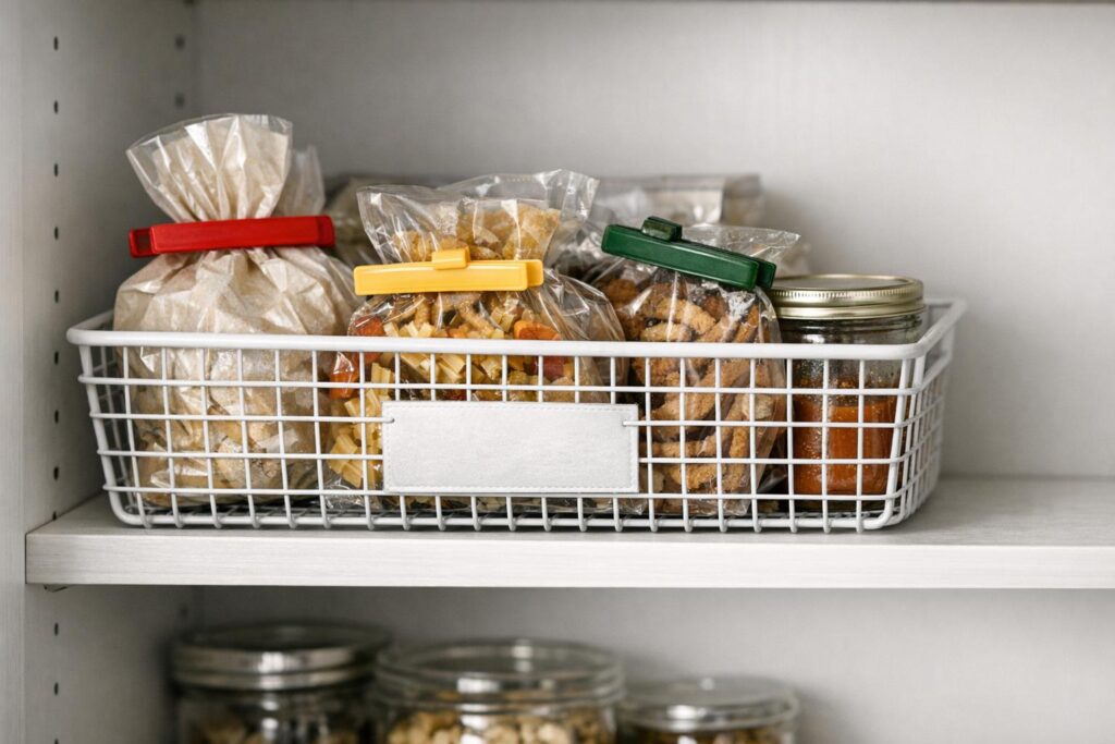 Zone fin de stock visible dans un petit panier de placard cuisine