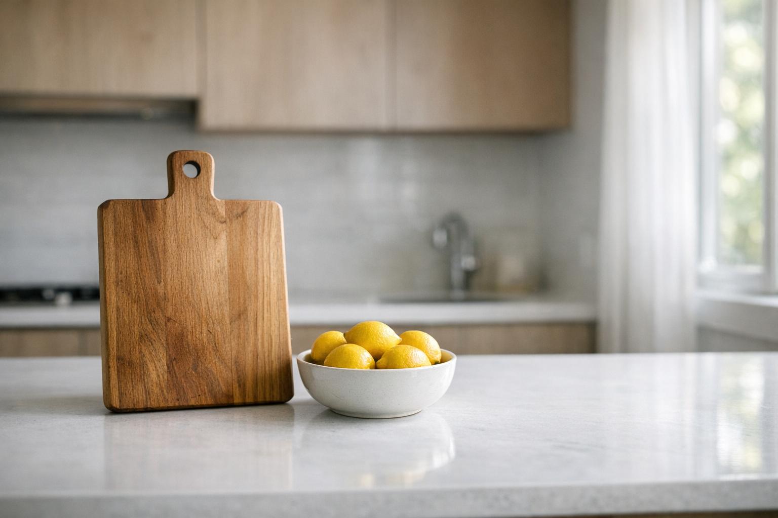 Plan de travail dégagé dans une cuisine lumineuse et minimaliste
