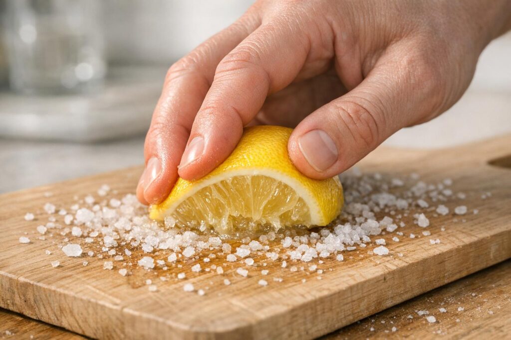 Enlever une odeur légère sur une planche à découper avec citron et gros sel