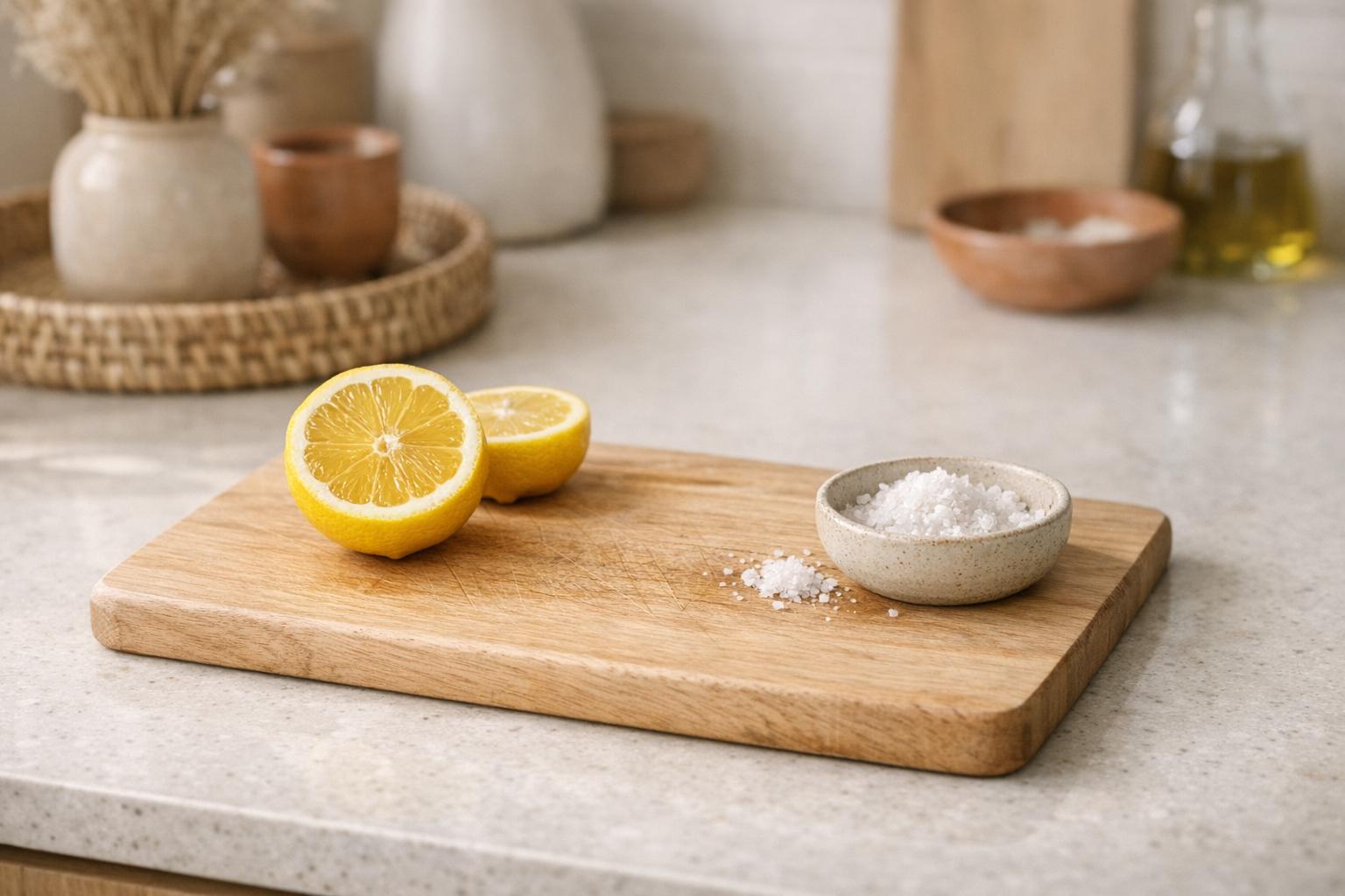 Planche à découper odeur : citron et gros sel sur un plan de travail clair