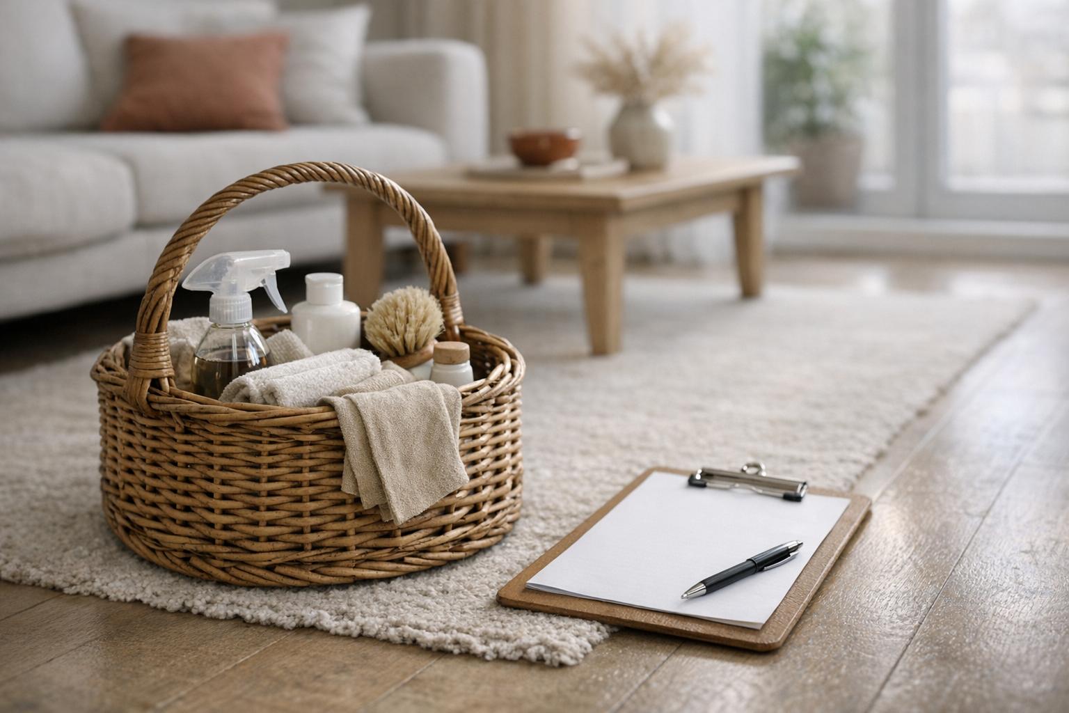 Planning ménage par zones : checklist simple dans un salon lumineux