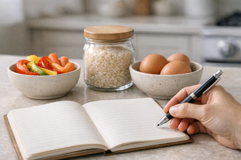 Carnet avec idées de familles de repas pour organiser une semaine plus simplement.