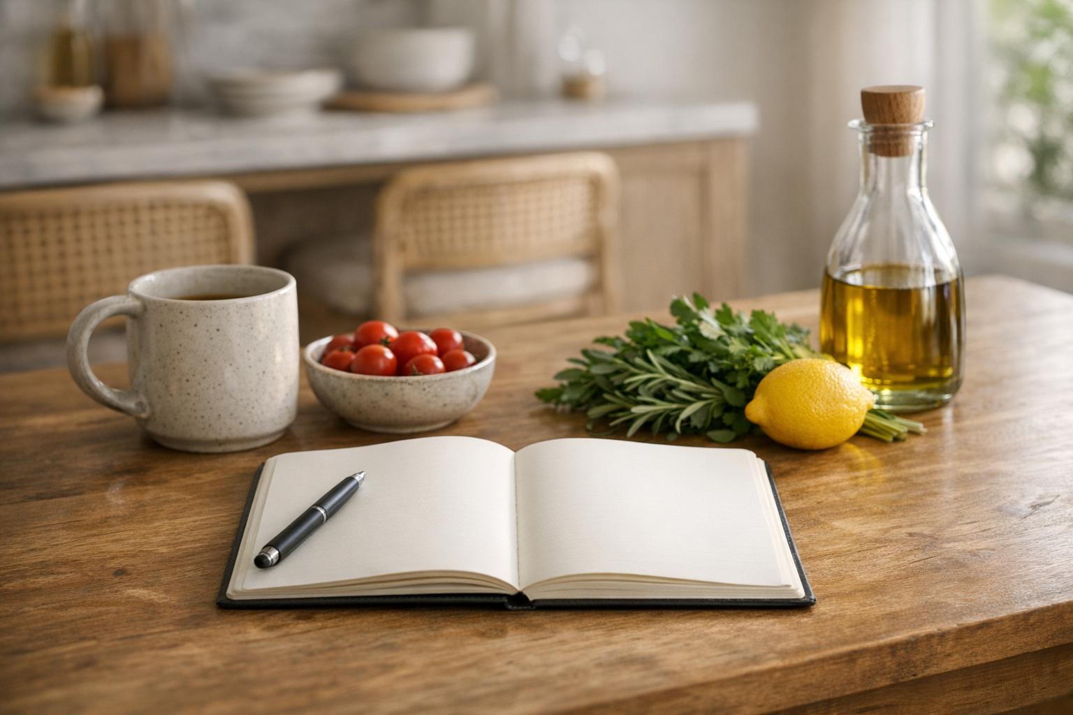 Planning repas semaine simple avec carnet et ingrédients sur table de cuisine.