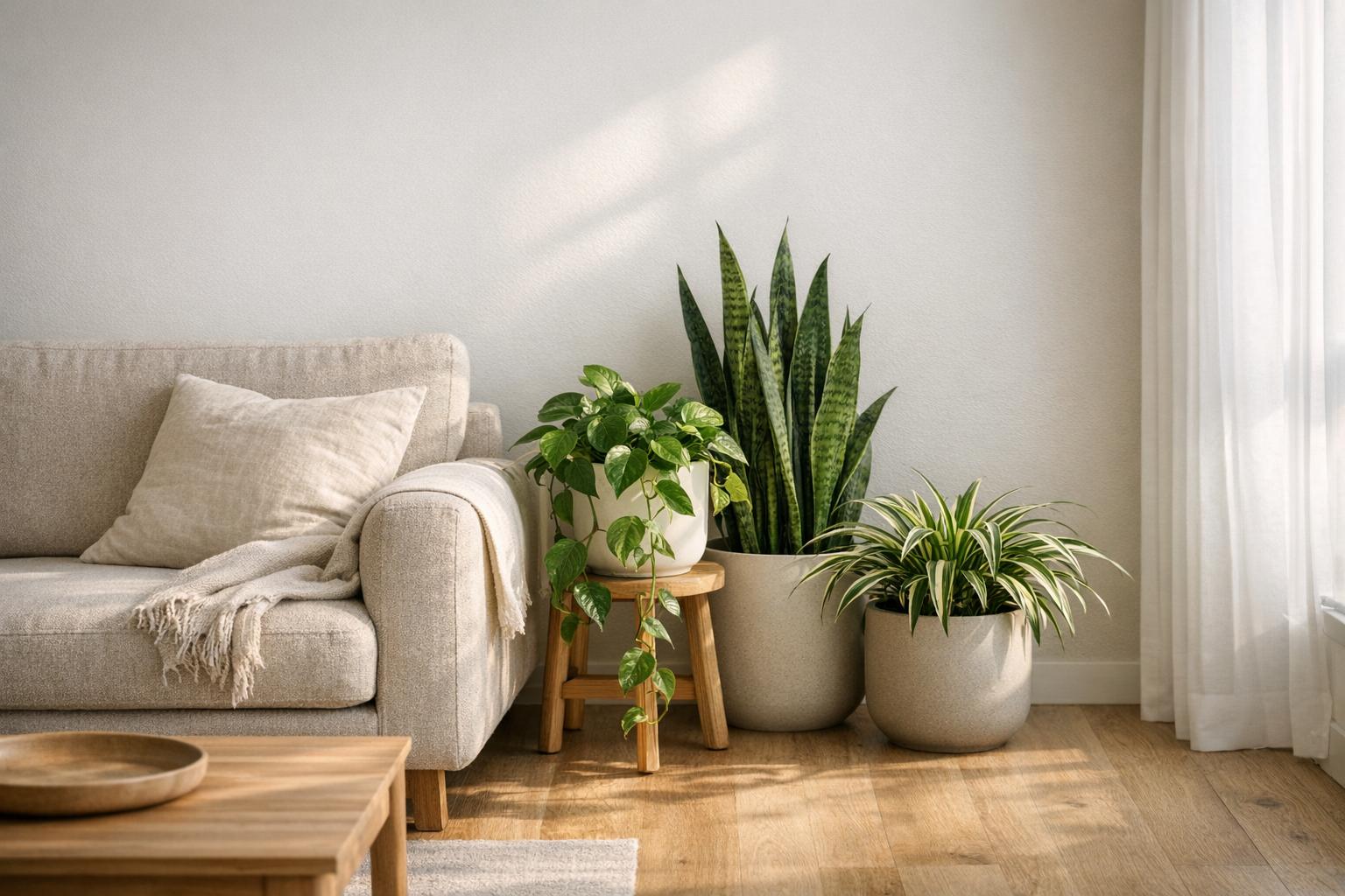 Plantes dépolluantes mythe : coin salon déco avec plantes et lumière naturelle