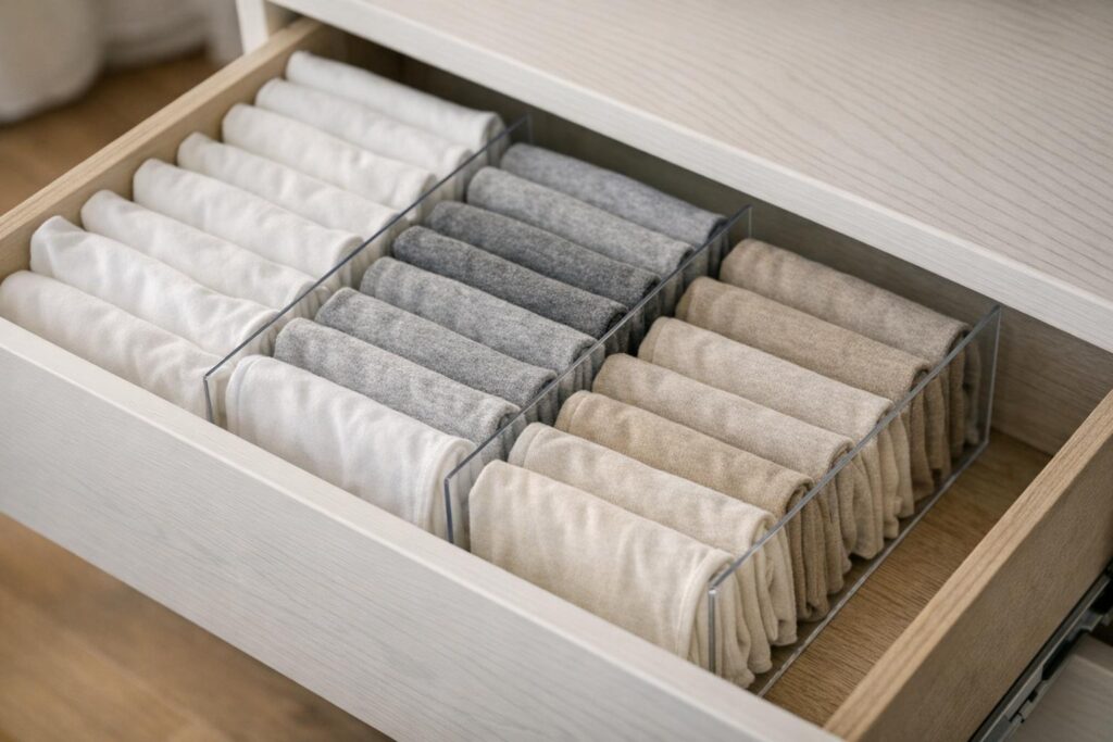 T-shirts pliés verticalement dans un tiroir pour un dressing plus lisible
