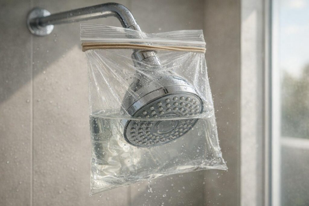 Pommeau de douche qui trempe dans un sac avec solution détartrante
