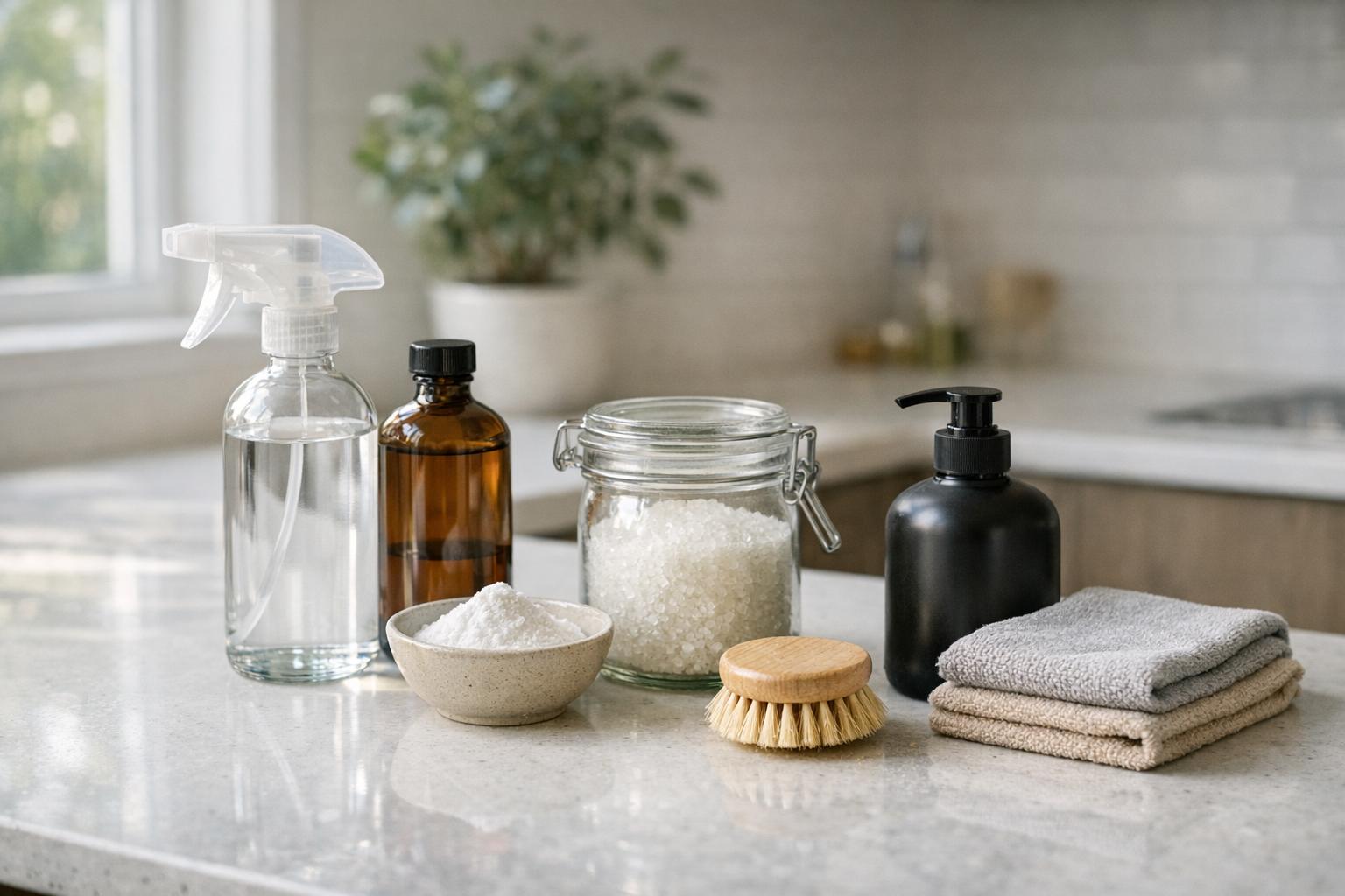 Produits ménagers maison utiles alignés sur un plan de travail de cuisine lumineux