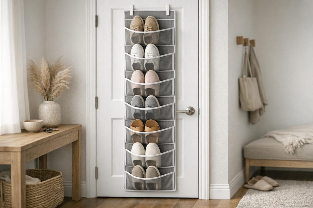 Rangement à chaussures derrière une porte