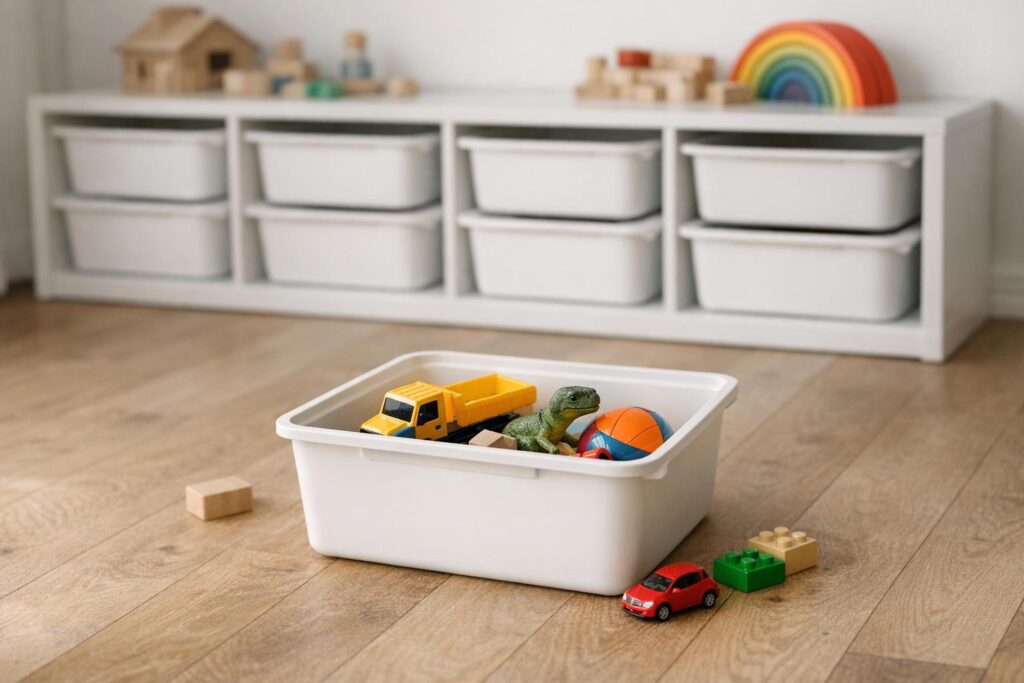 Un seul bac de jouets sorti devant une étagère