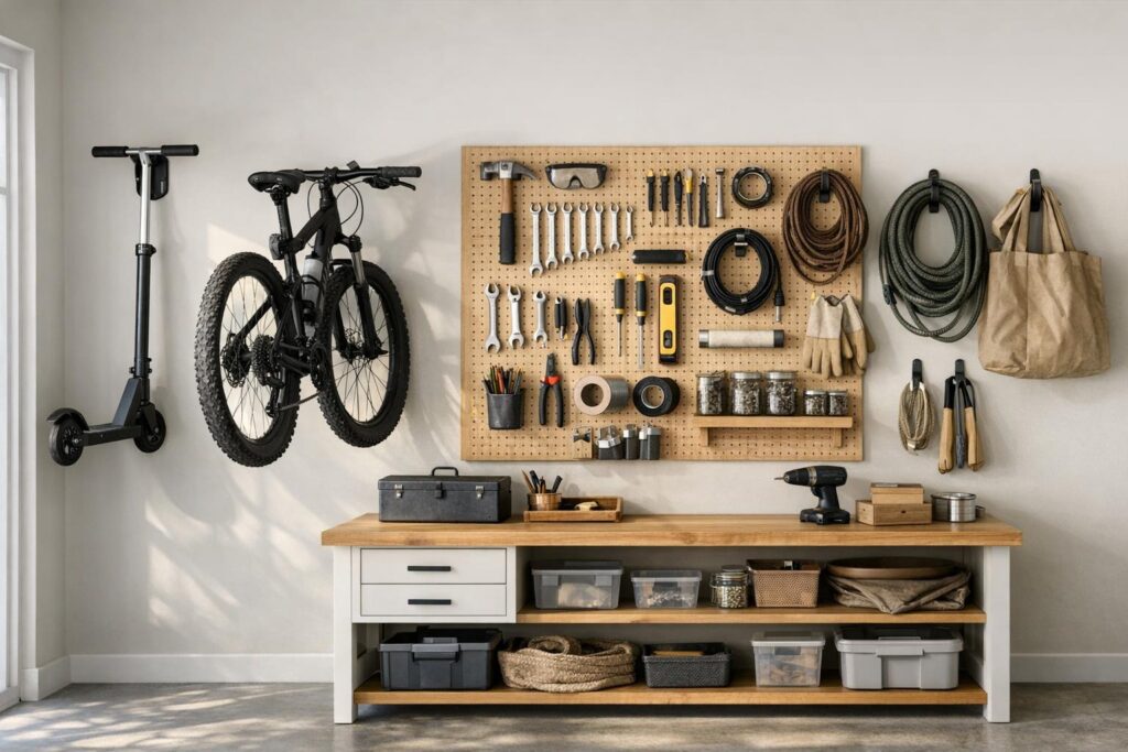 Rangement mural dans un garage avec vélos suspendus et outils