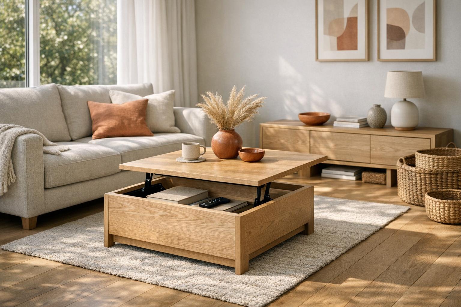 Rangement petit appartement : salon lumineux avec rangements discrets sans travaux