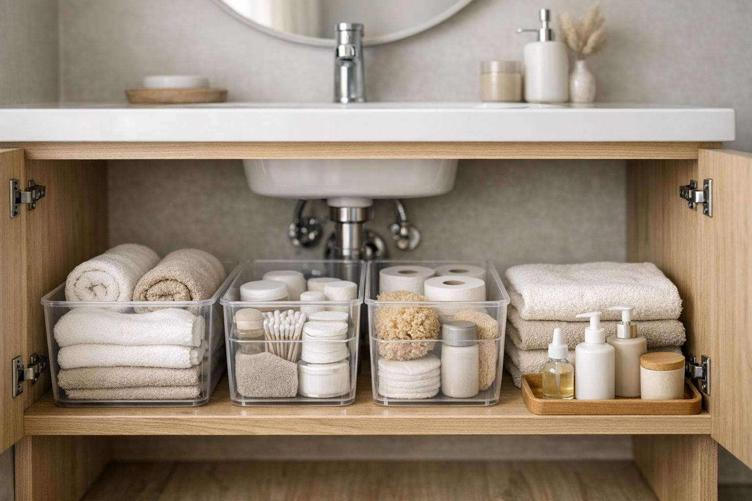 Rangement petit meuble salle de bain : meuble sous lavabo organisé avec bacs