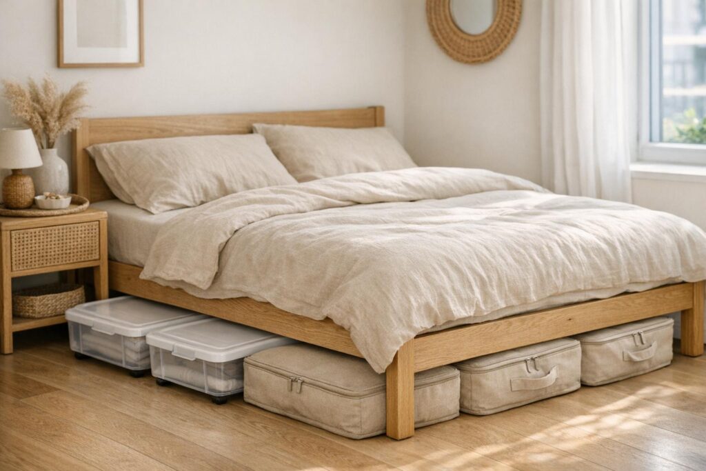 Boîtes de rangement sous le lit dans un petit appartement