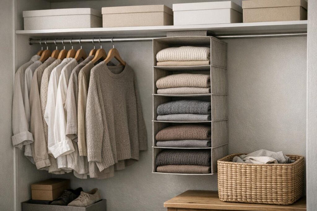 Petit dressing optimisé avec boîtes en hauteur et organiseur suspendu