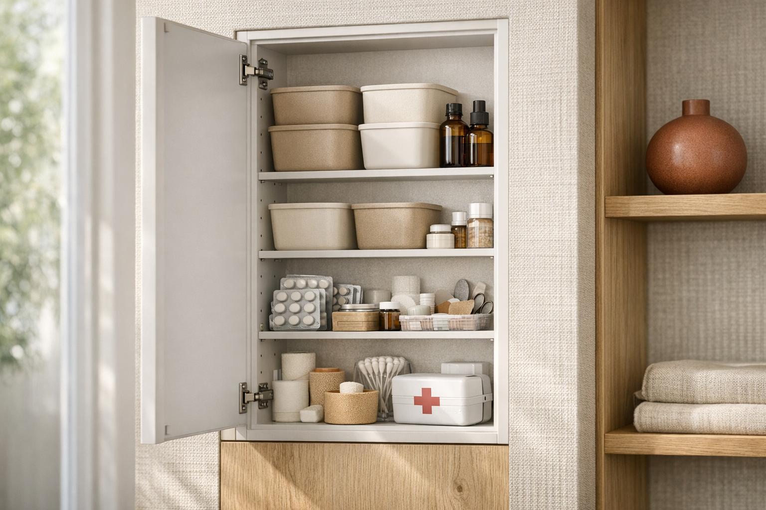 Ranger armoire à pharmacie : armoire organisée avec bacs neutres