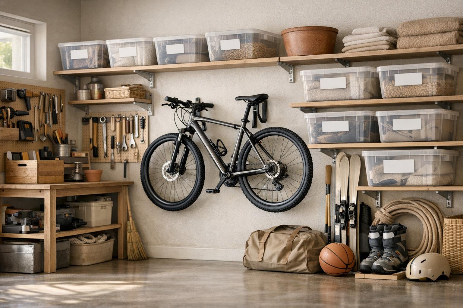Garage rangé avec étagères murales et vélos suspendus