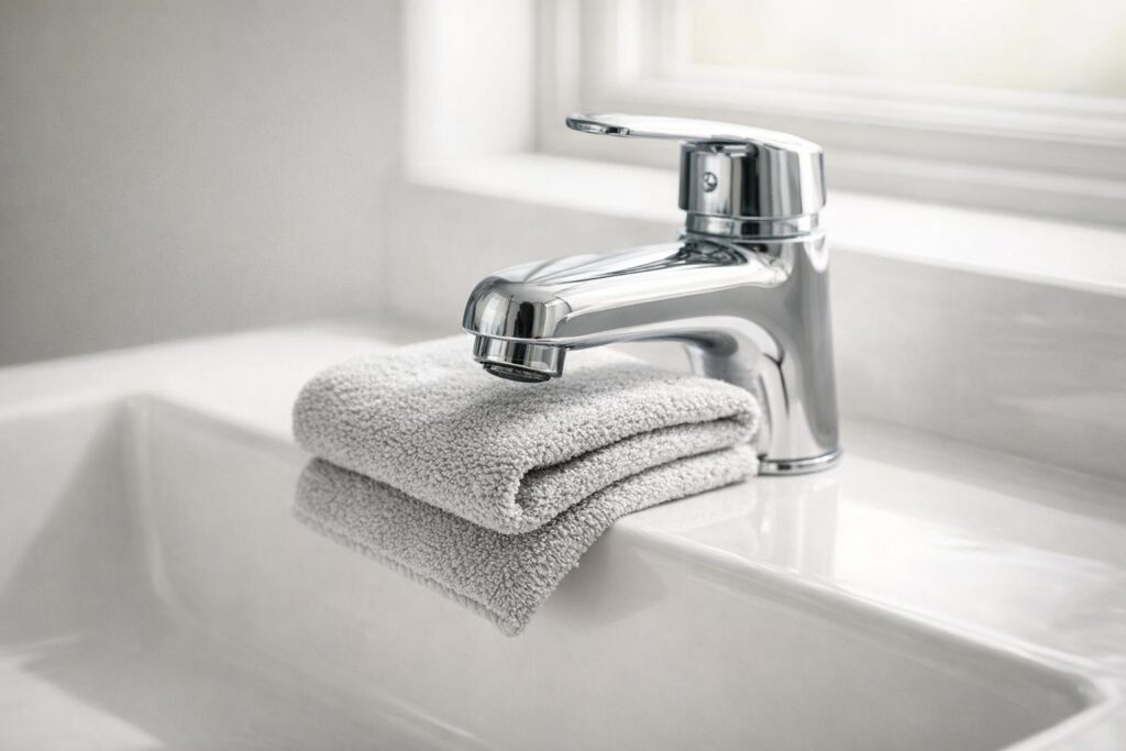 Robinetterie de salle de bain brillante essuyée avec une microfibre