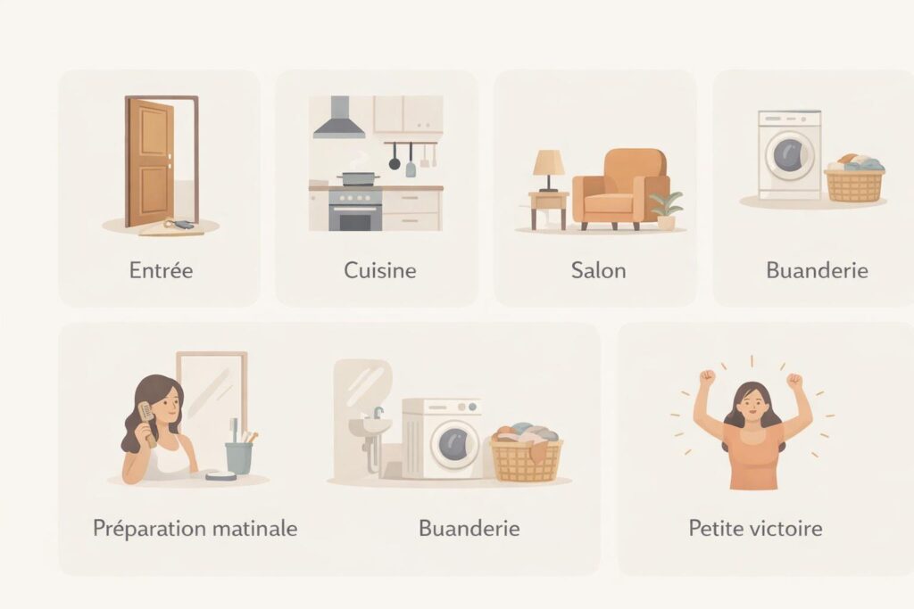 Étapes de la routine du soir en 10 minutes : entrée, cuisine, pièce de vie, linge et préparation du matin