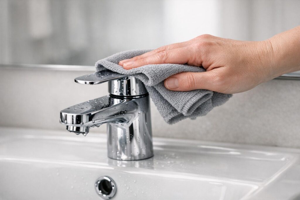Essuyer rapidement le lavabo pour éviter les traces