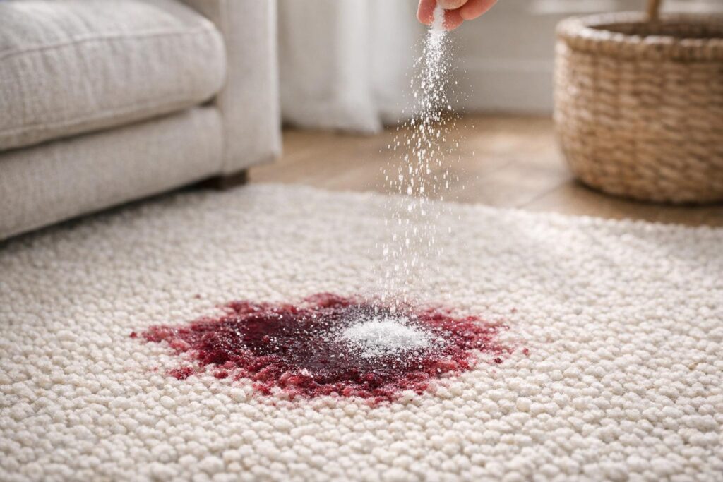 Mettre du sel sur une tache de vin rouge sur un tapis clair pour absorber