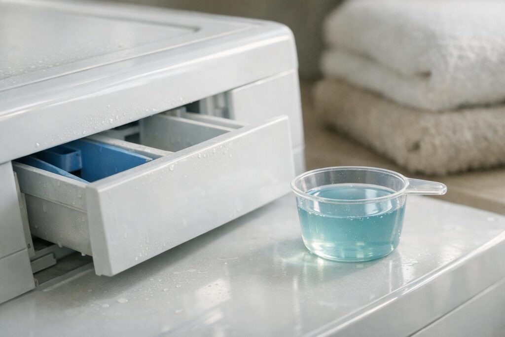 Réduire la dose de lessive pour éviter les résidus sur les serviettes