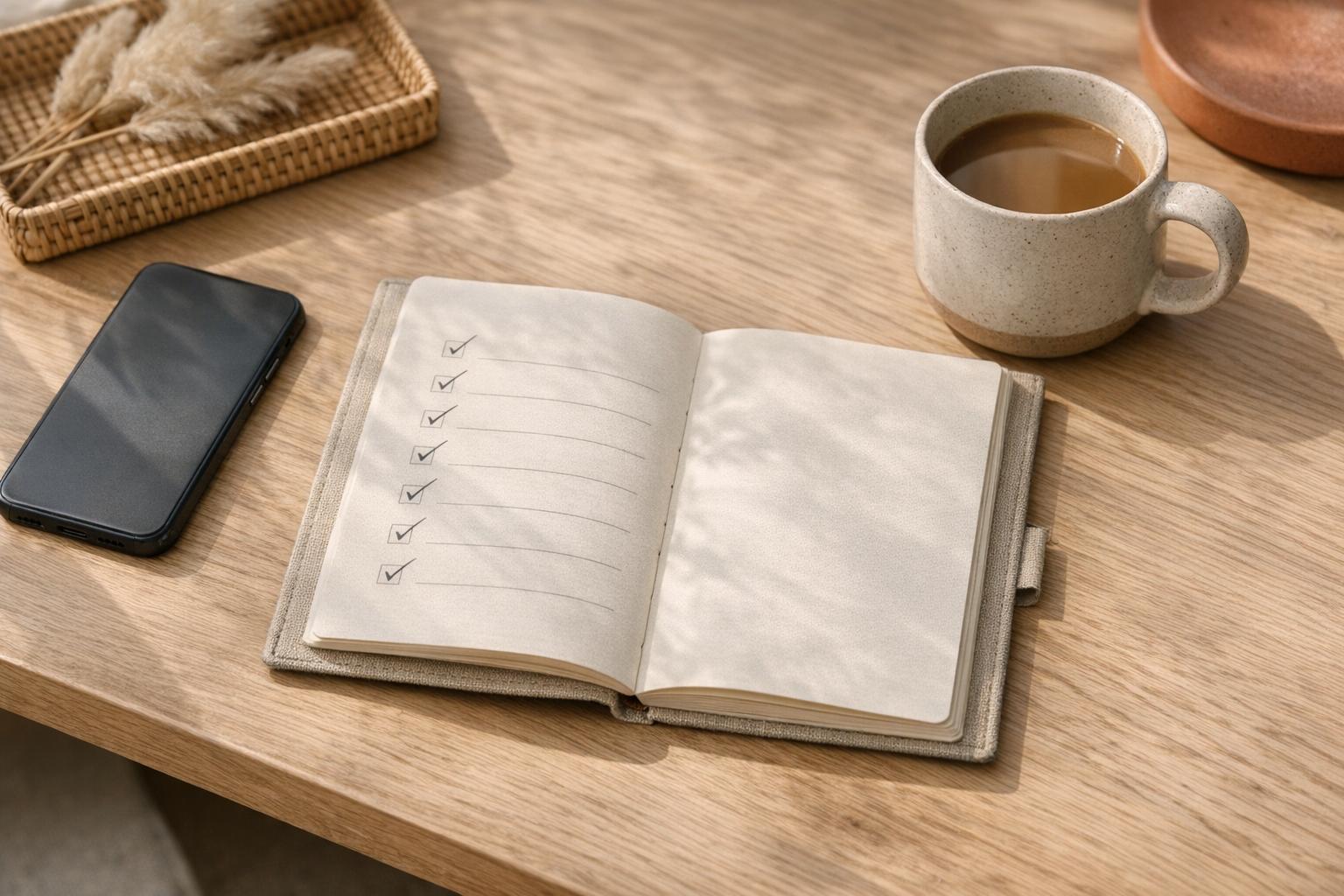 Suivi budget maison simple sur un carnet, ambiance cosy et lumineuse