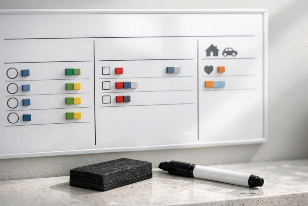Tableau d’organisation familiale en 3 zones : planning, tâches et infos