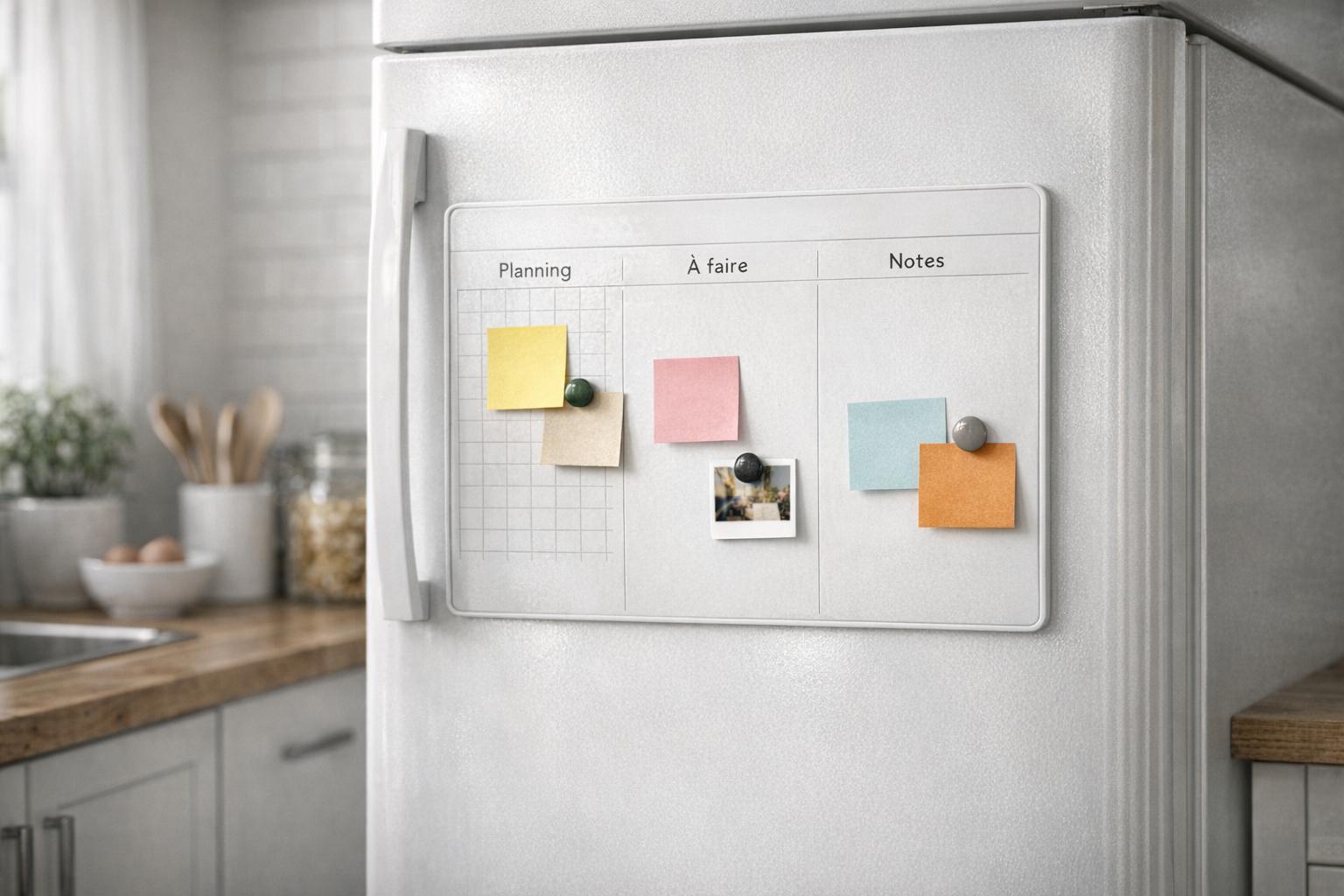 Tableau d’organisation familiale simple sur frigo dans une cuisine lumineuse