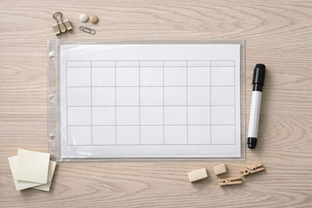 Tableau d’organisation familiale simple avec feuille dans une pochette plastique et feutre effaçable