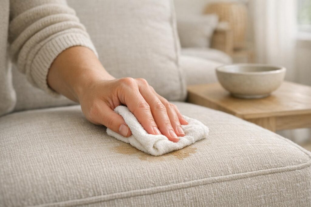 Tamponner une tache sur canapé en tissu avec une microfibre essorée
