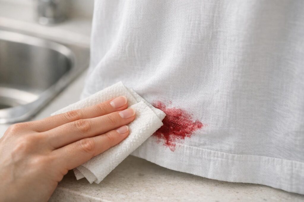 Tamponner une tache de vin rouge sur un vêtement avec un chiffon blanc