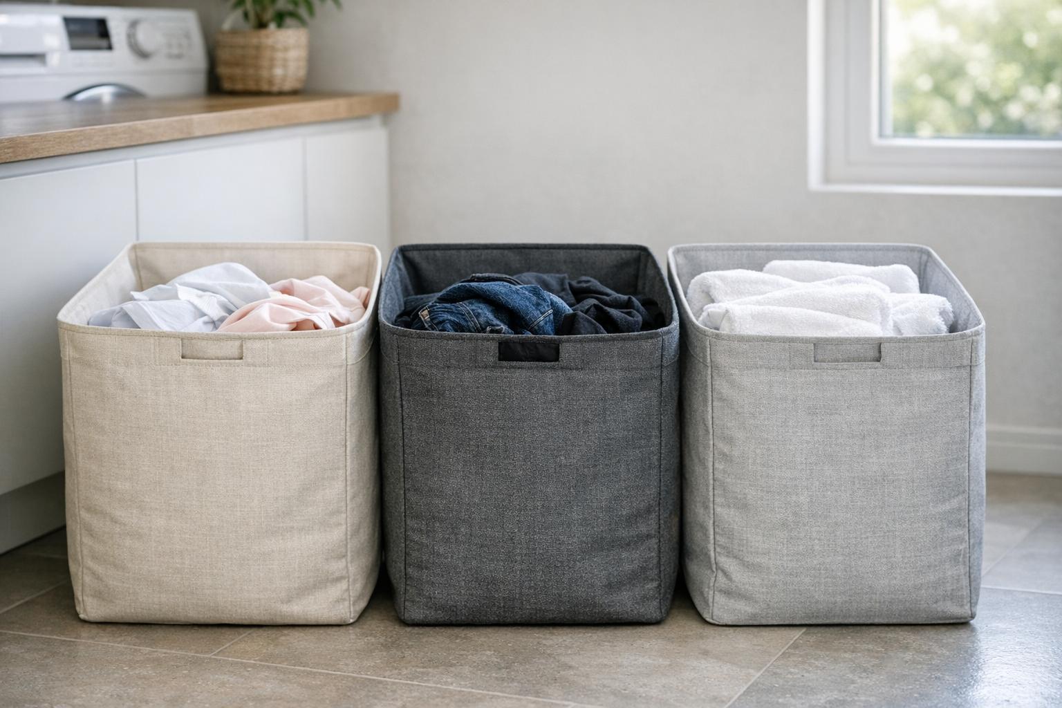 Trier le linge facilement avec trois bacs de tri dans une buanderie