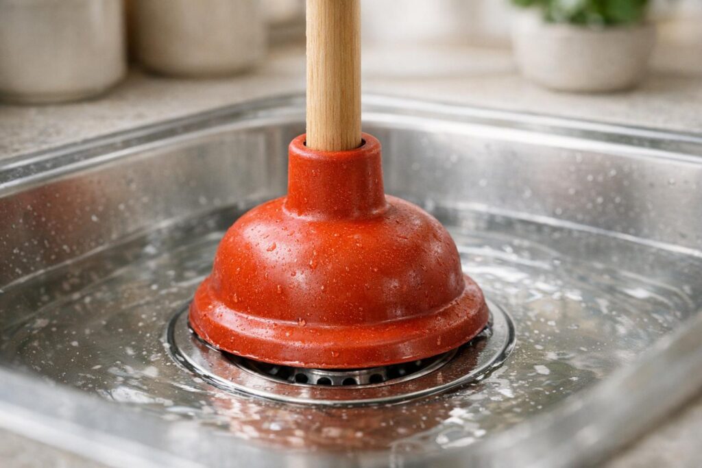 Ventouse utilisée pour déboucher un évier de cuisine