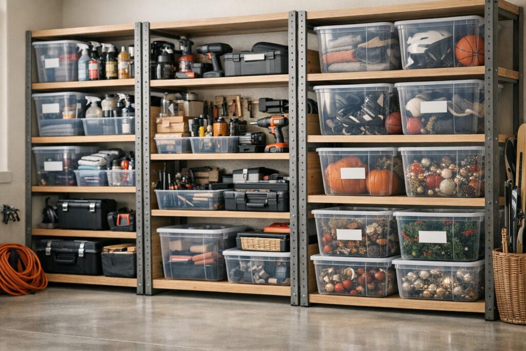 Zones de rangement dans un garage avec étagères et bacs