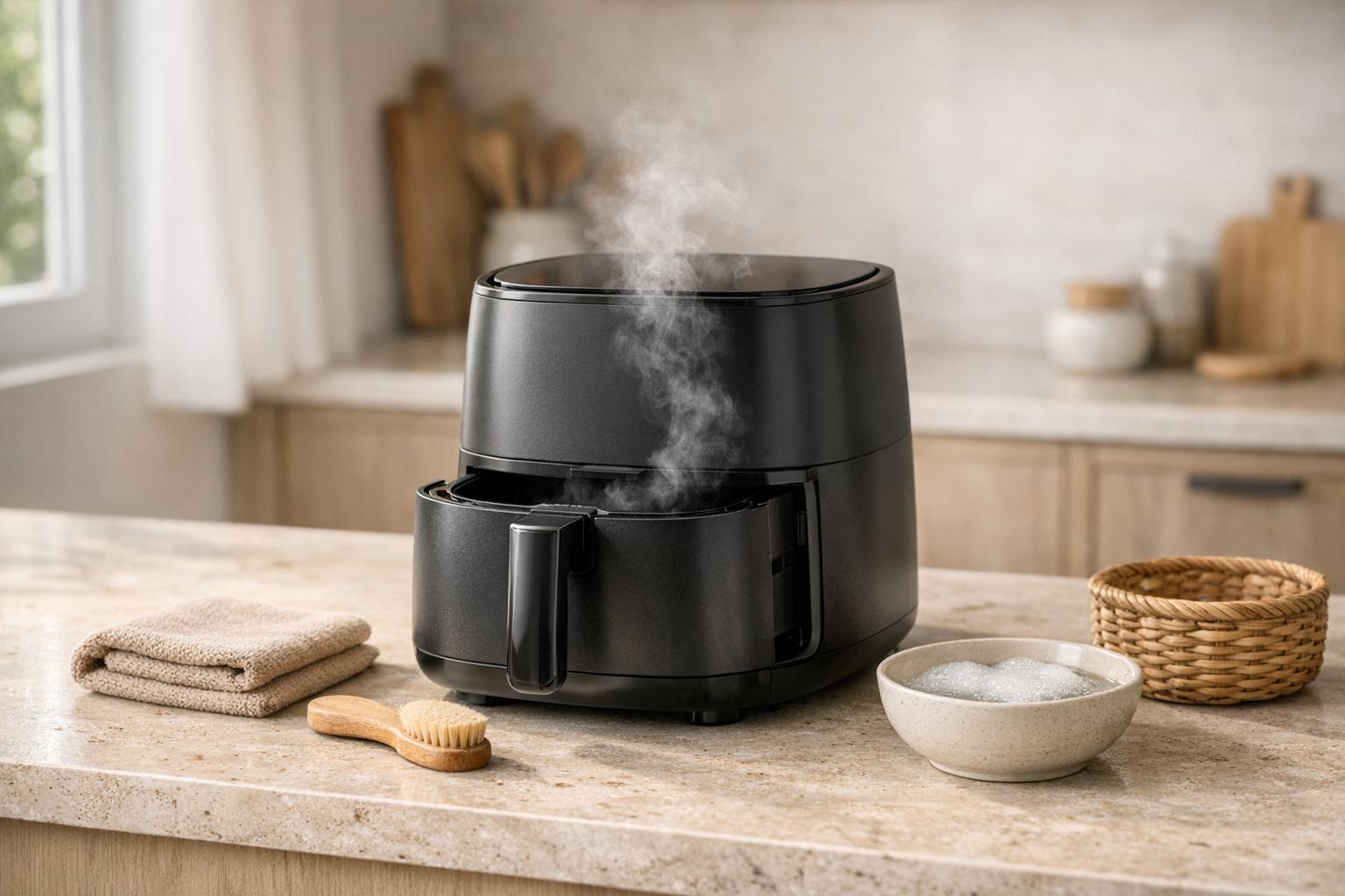 Airfryer qui fume légèrement sur un plan de travail dans une cuisine lumineuse