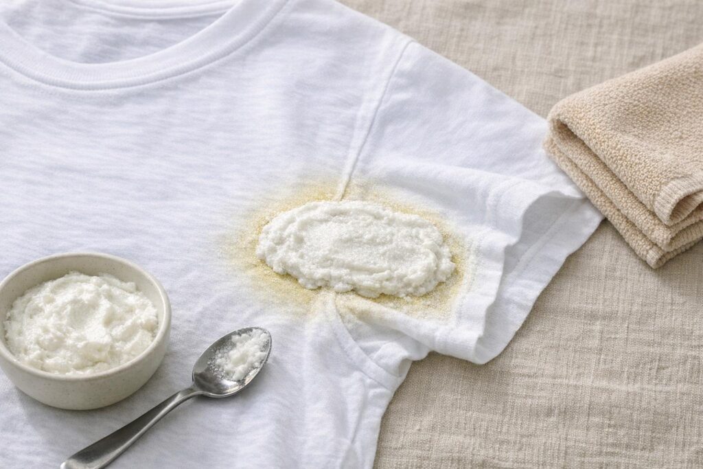 Pâte au bicarbonate pour enlever une tache de déodorant jaune