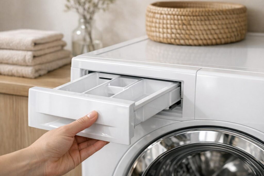 Bac à lessive propre, sec et remis en place dans le lave-linge