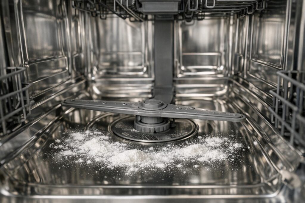 Bicarbonate de soude au fond de la cuve du lave-vaisselle