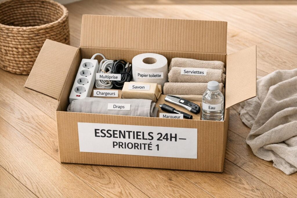 Carton essentiels 24h pour déménagement avec multiprise, draps et papier toilette