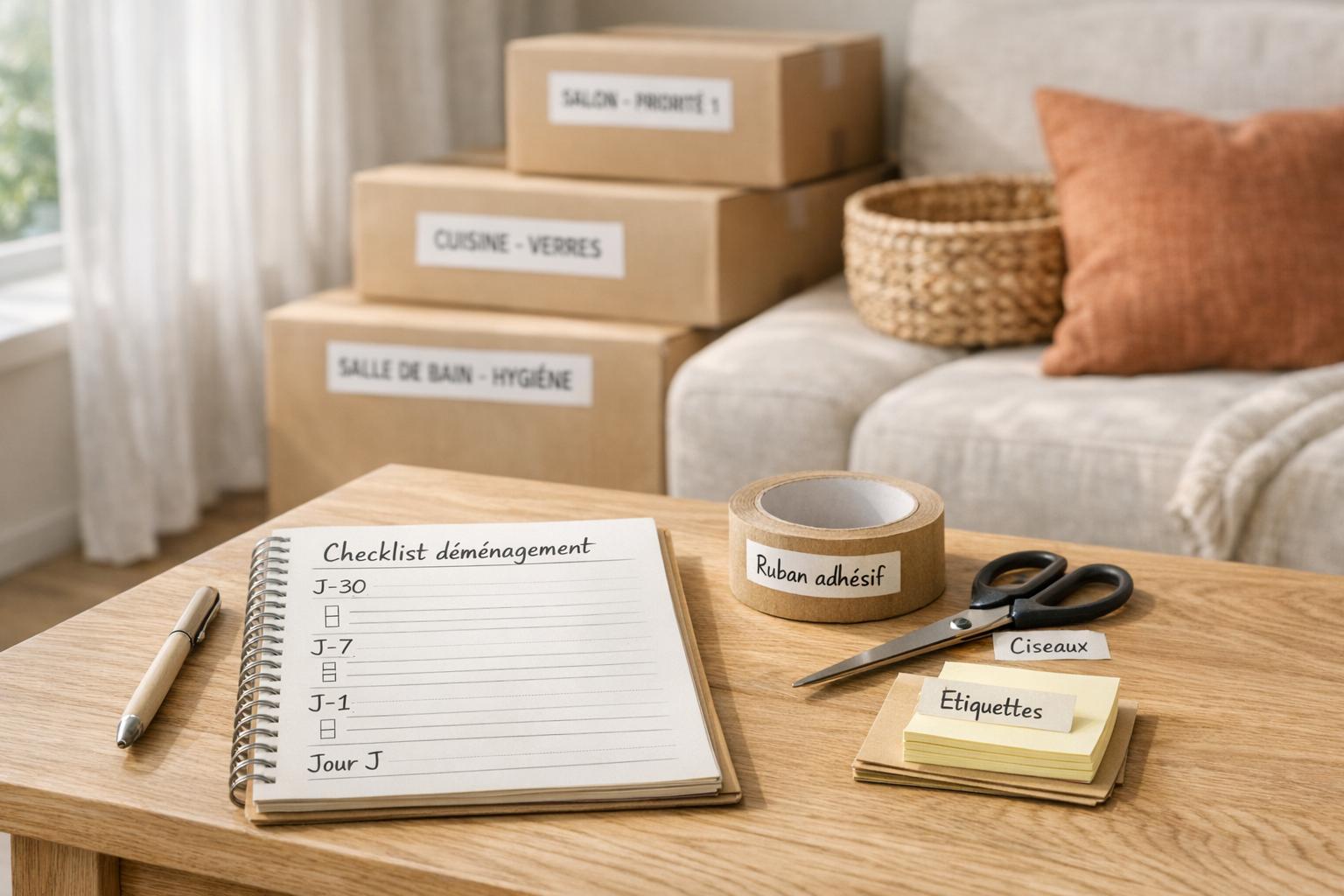 Checklist déménagement posée sur une table avec cartons étiquetés, planning 30 jours