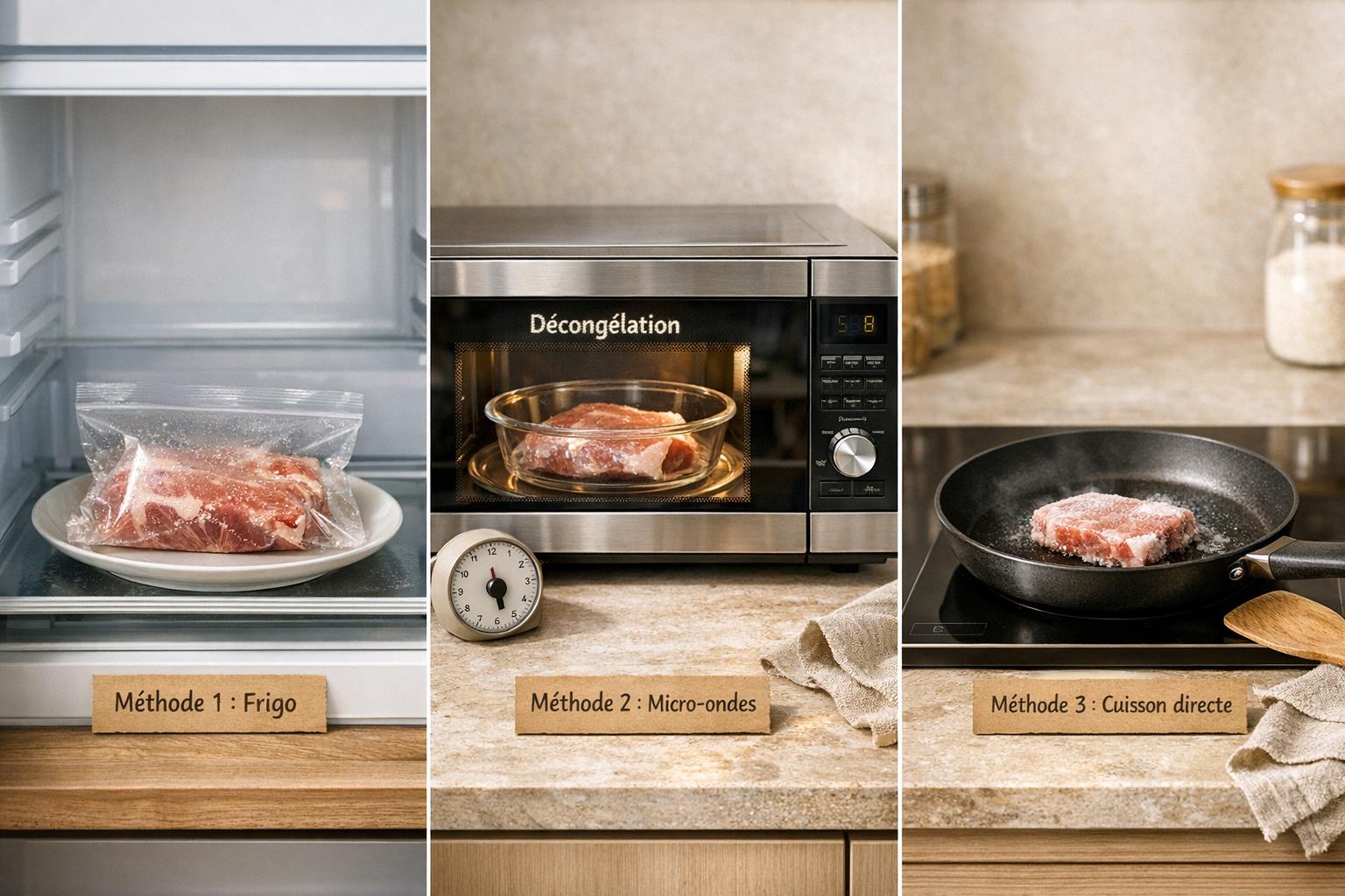 Décongeler la viande rapidement avec trois méthodes sûres : frigo, micro-ondes et cuisson directe