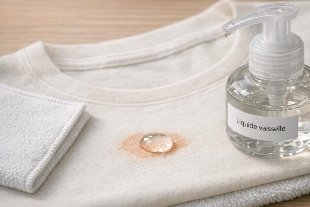 Dégraissage doux d’une tache de fond de teint sur un vêtement avec du liquide vaisselle.