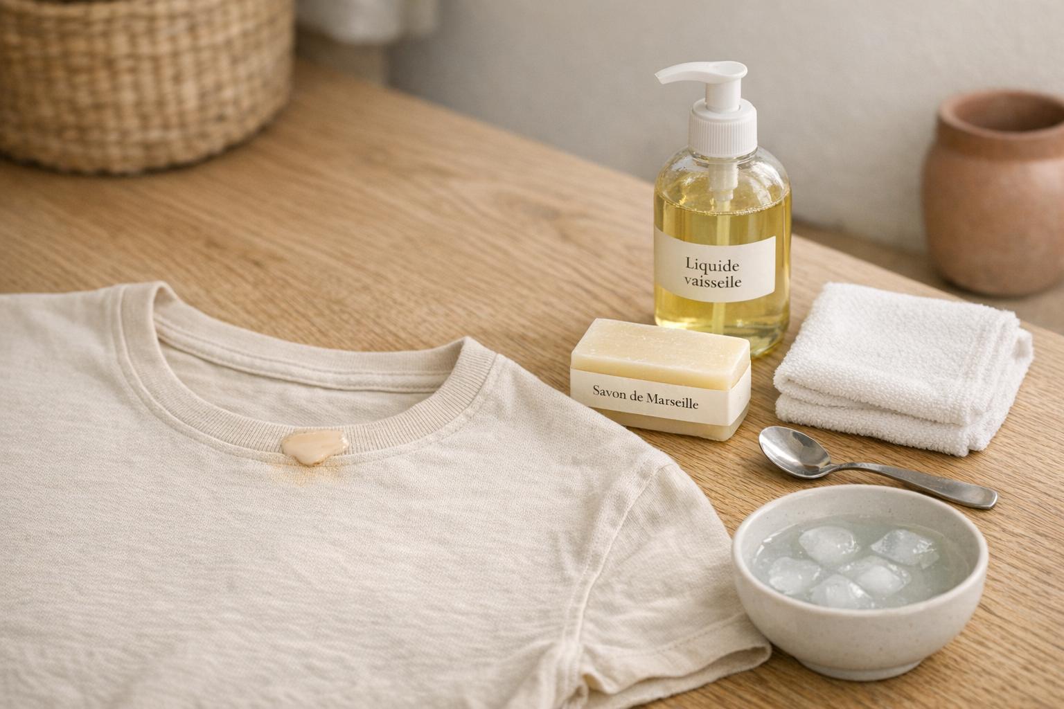 Enlever une tache de fond de teint sur un vêtement avec savon de Marseille et liquide vaisselle, sans auréole.