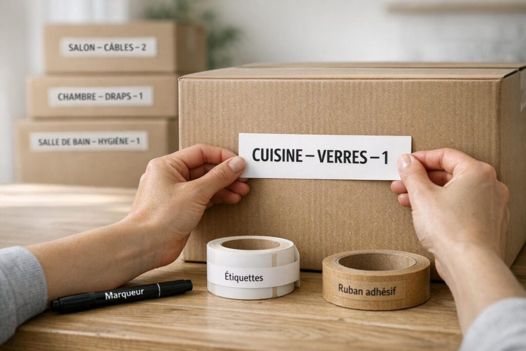 Étiqueter les cartons avec pièce, contenu et priorité pour une liste déménagement claire